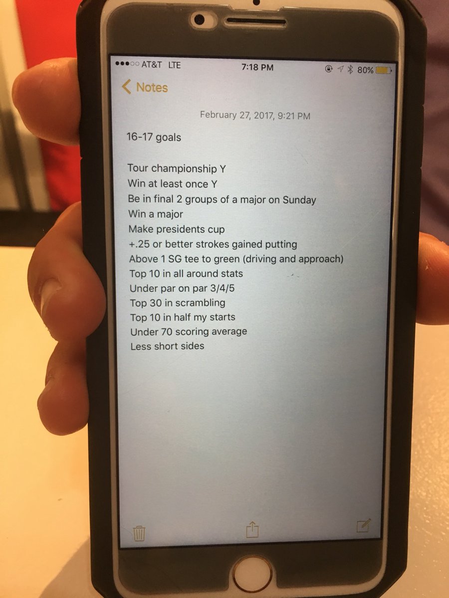 Justin Thomas shows reporters his season goals.
