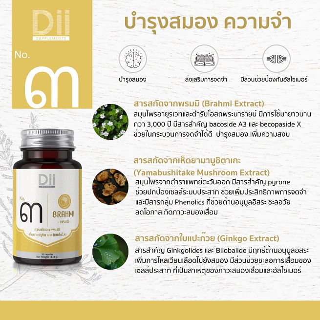 Dii No.๓ Brahmi Complex สูตรบำรุงสมองความจำ ขนาด 30 แคปซูล -  จำหน่ายสินค้าและบริการ ผ่านช่องทางออนไลน์ : บริษัท แฮปปี้ โปรดักส์ แอนด์  เซอร์วิส จำกัด