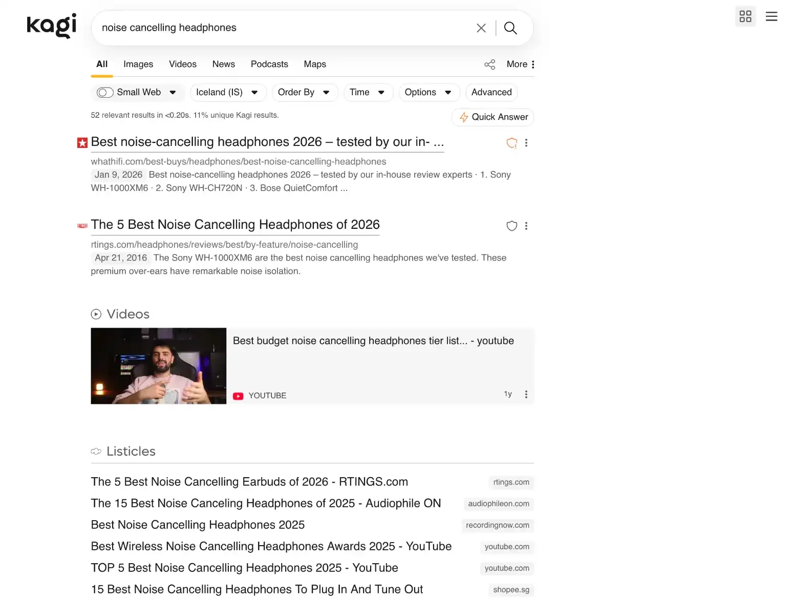 Kagi Search results page