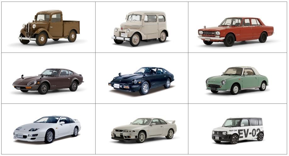 Grid of Nissan heritage vehicles