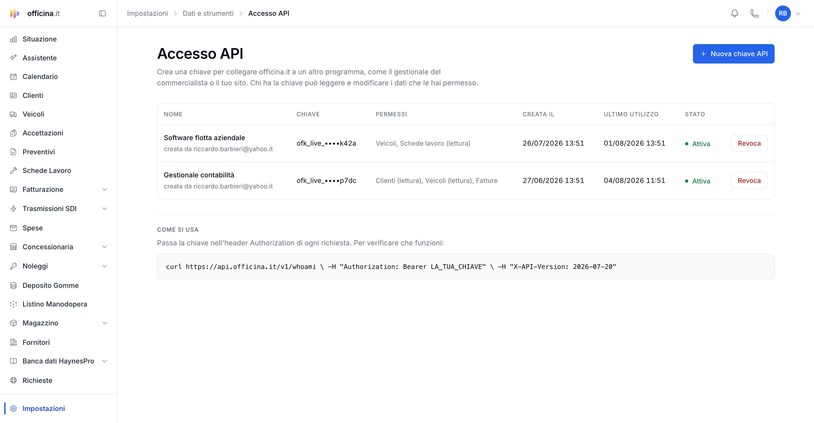 Come revocare una chiave API (e cosa succede dopo) — schermata del gestionale officina.it