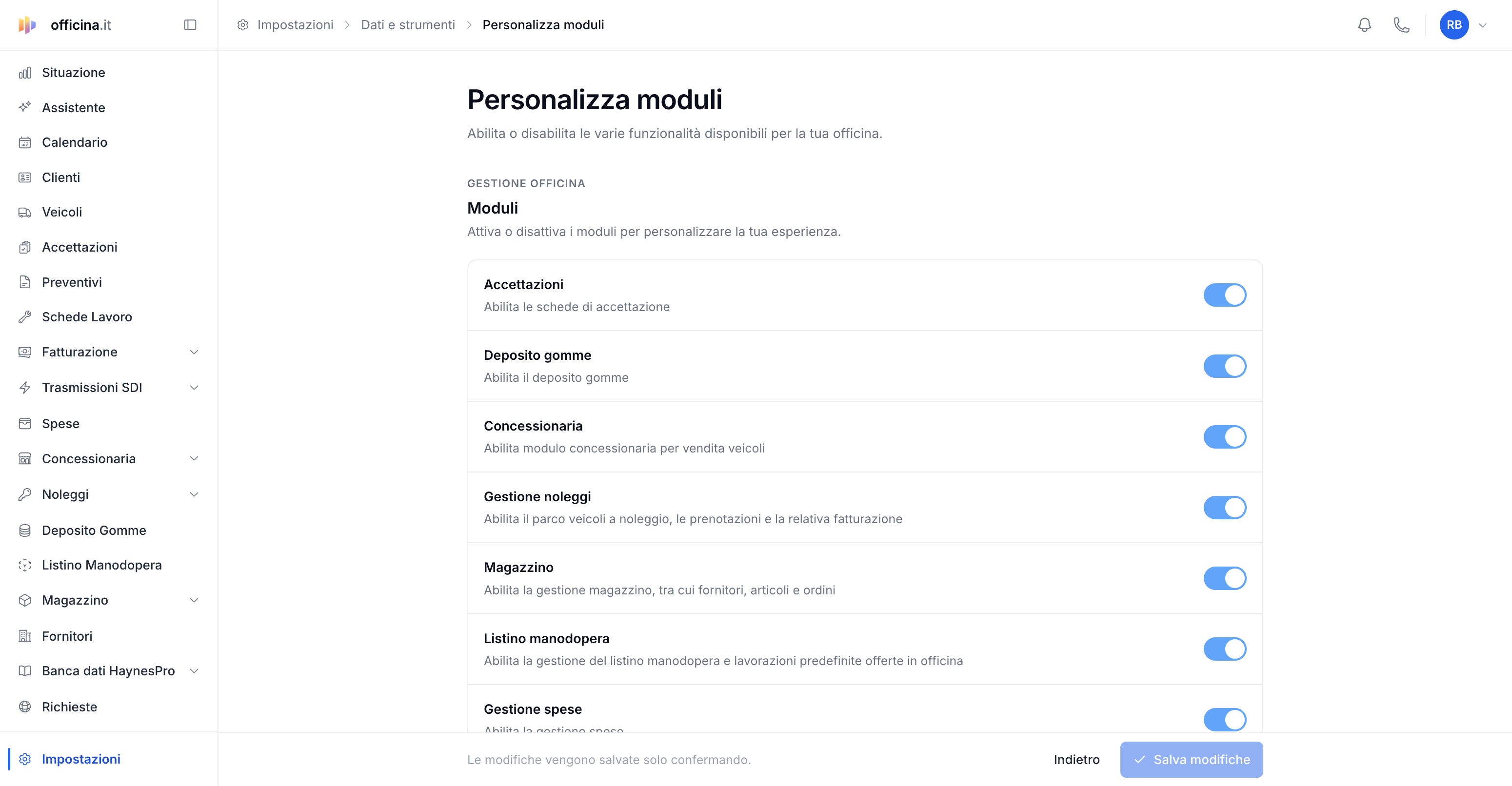 Come attivare e disattivare i moduli dell'officina — schermata del gestionale officina.it