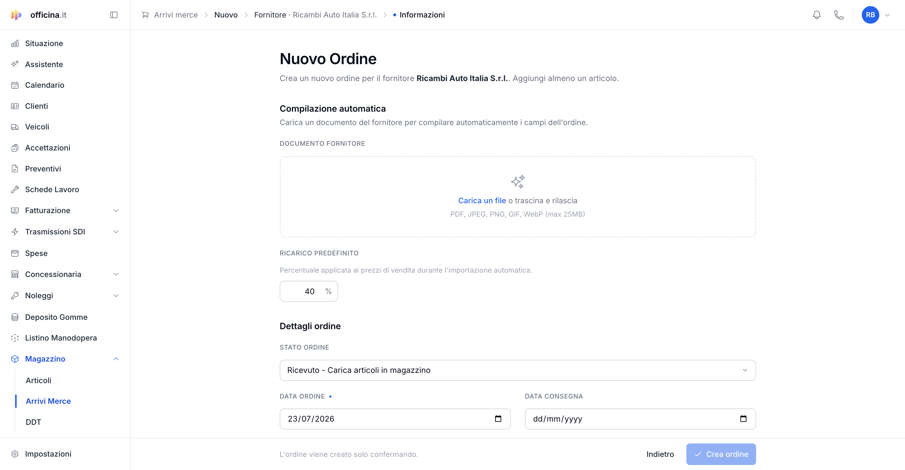 Caricare una fattura o bolla del fornitore da foto o PDF (compilazione automatica) — schermata del gestionale officina.it