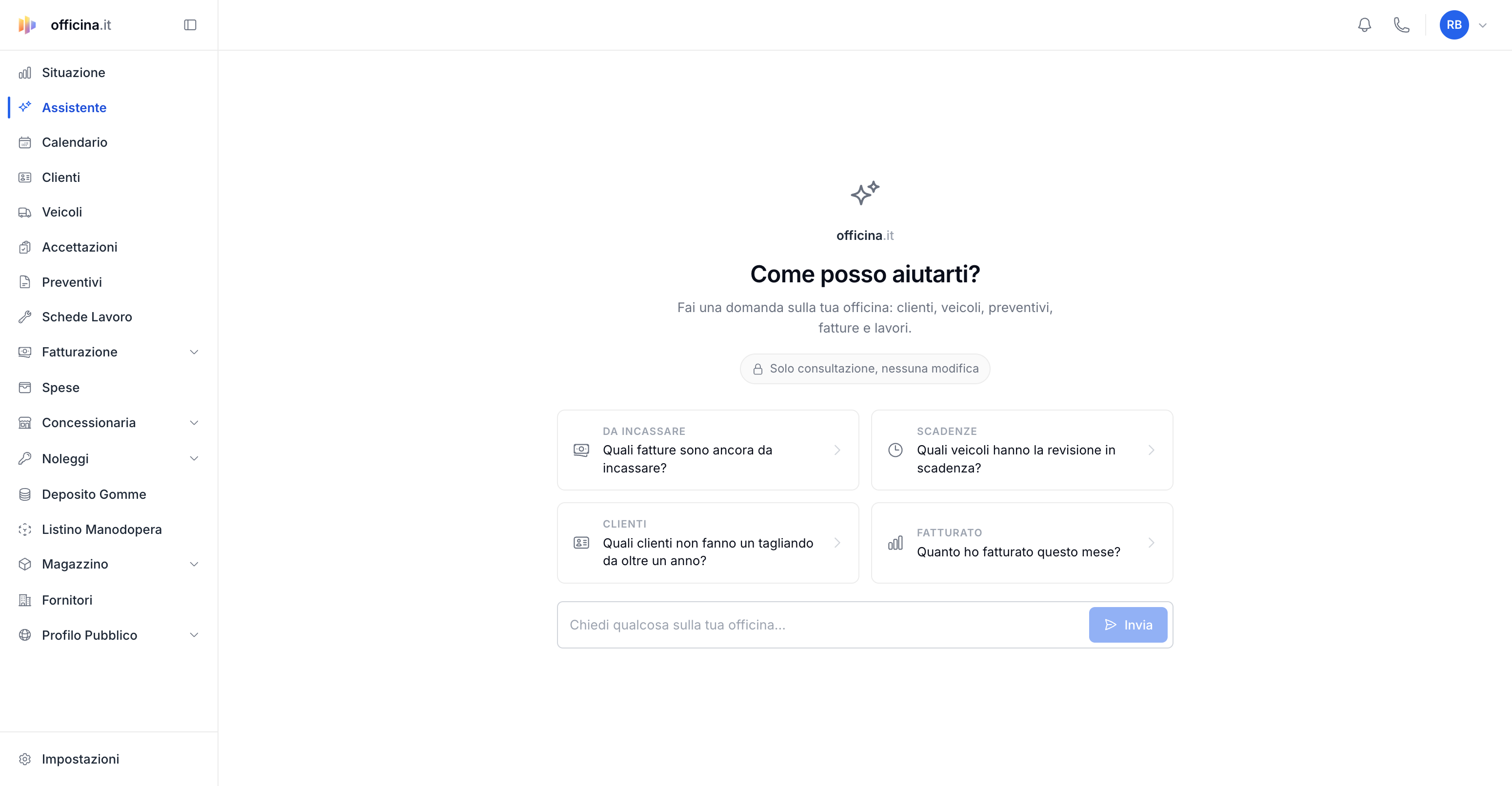 L'Assistente: fai domande in italiano sui tuoi dati — schermata del gestionale officina.it