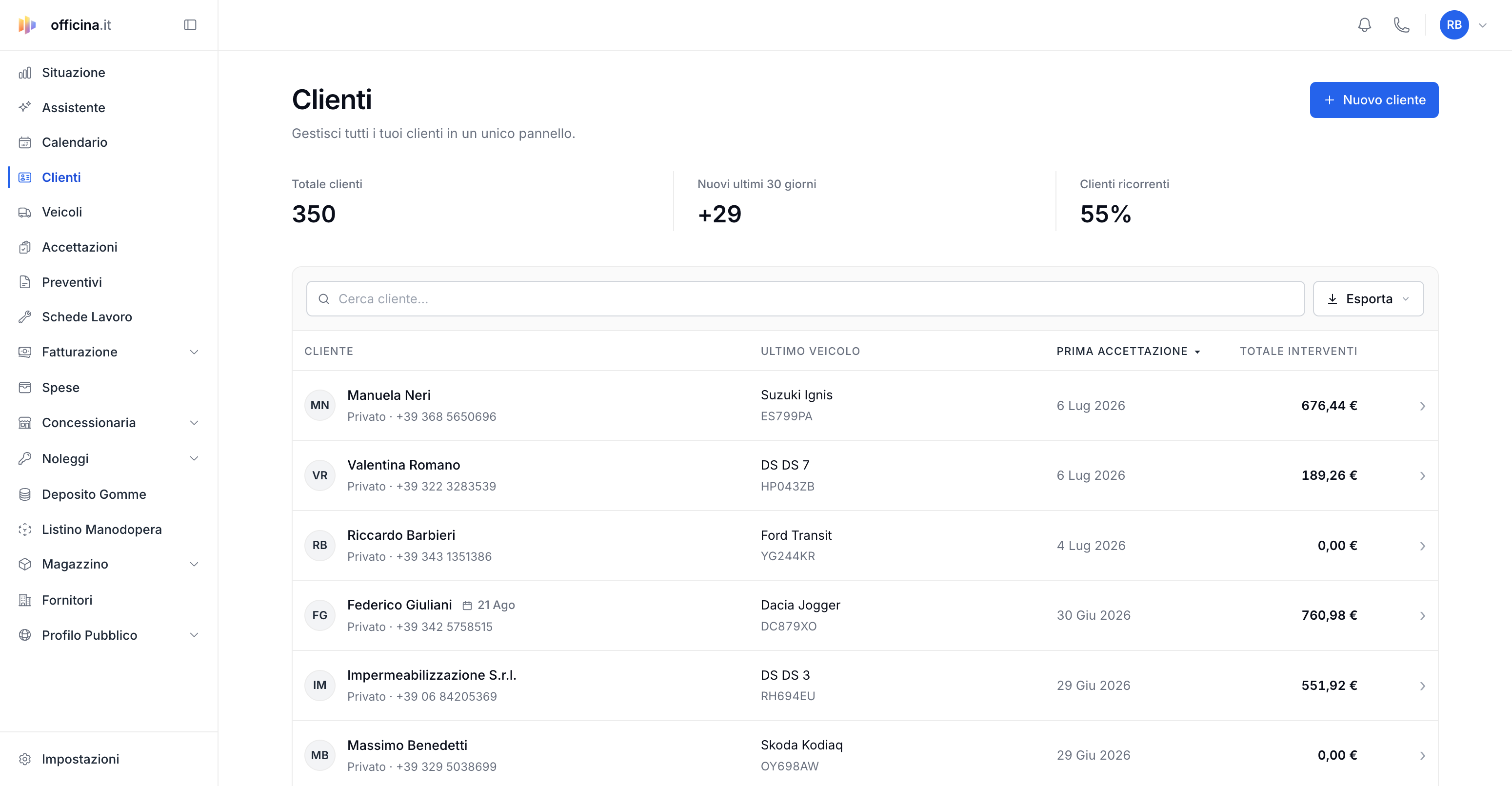 Come cercare un cliente (anche per targa) ed esportare la lista — schermata del gestionale officina.it