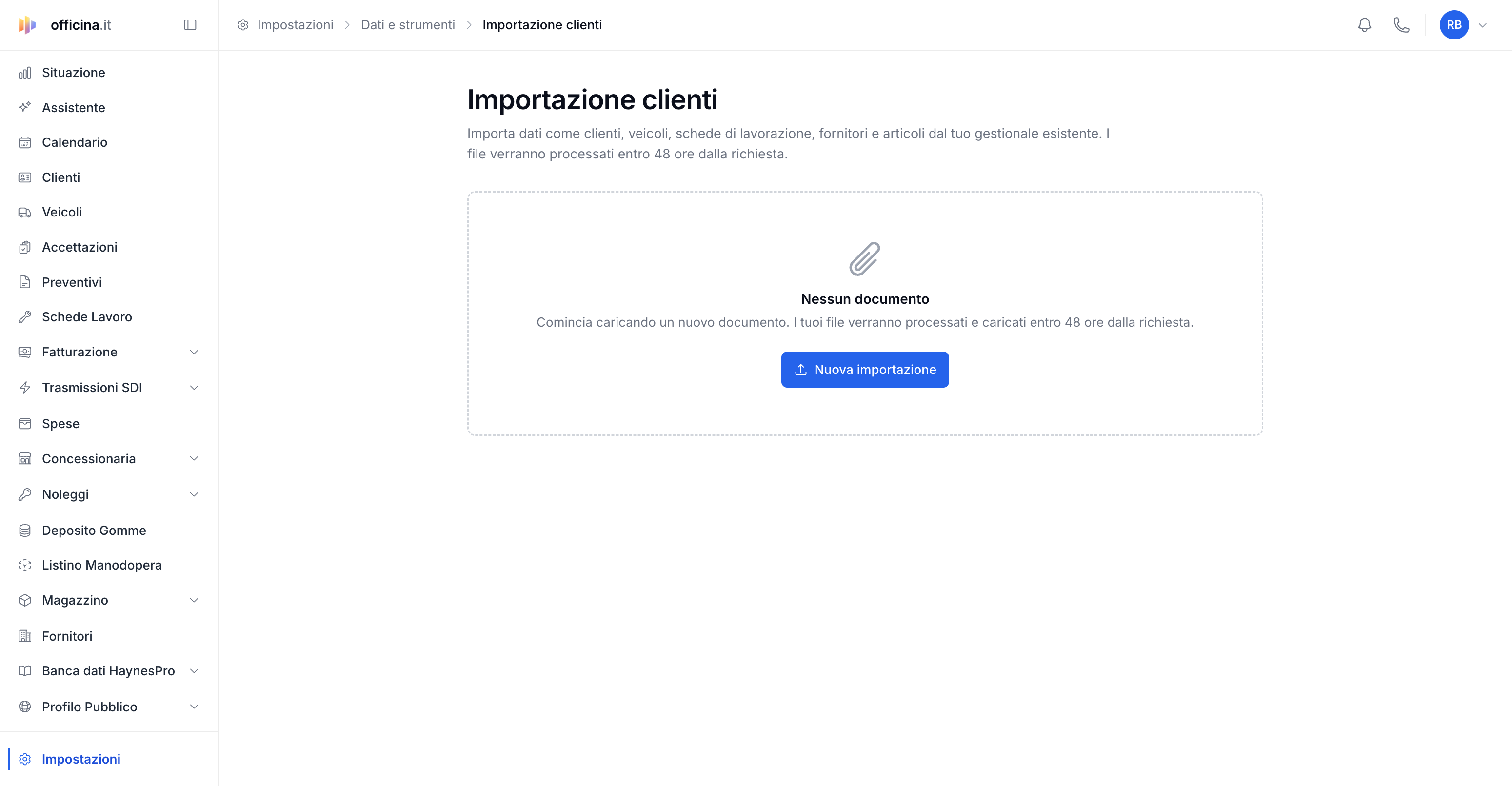 Come importare clienti e veicoli da un altro gestionale — schermata del gestionale officina.it