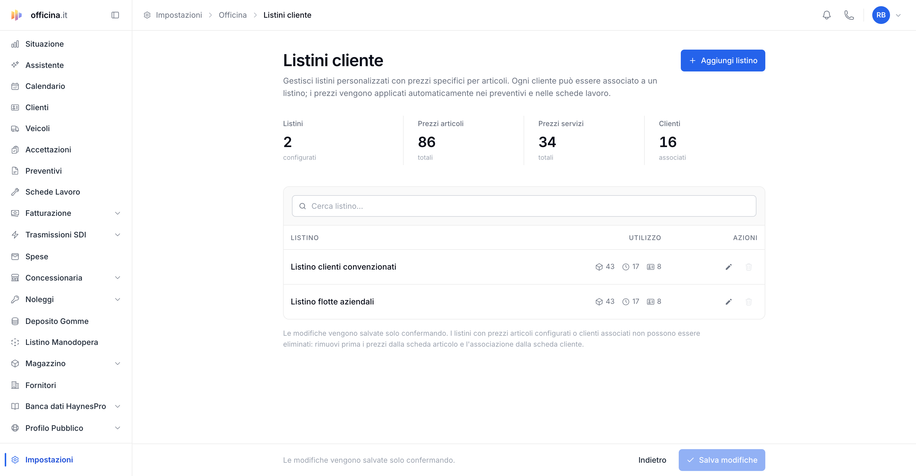 Come applicare prezzi personalizzati con i listini cliente — schermata del gestionale officina.it