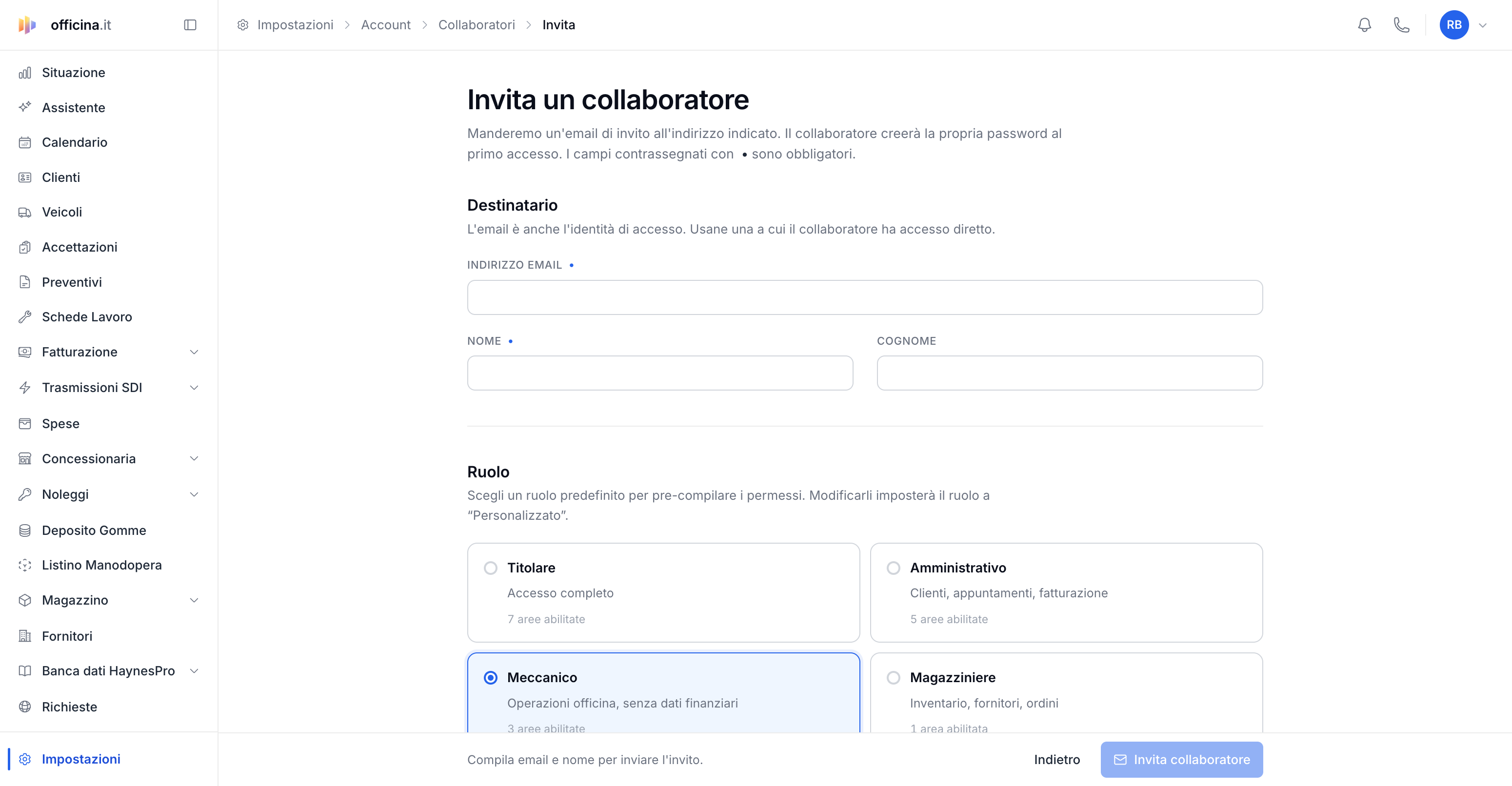 Permessi dei collaboratori: ruoli e aree di accesso — schermata del gestionale officina.it