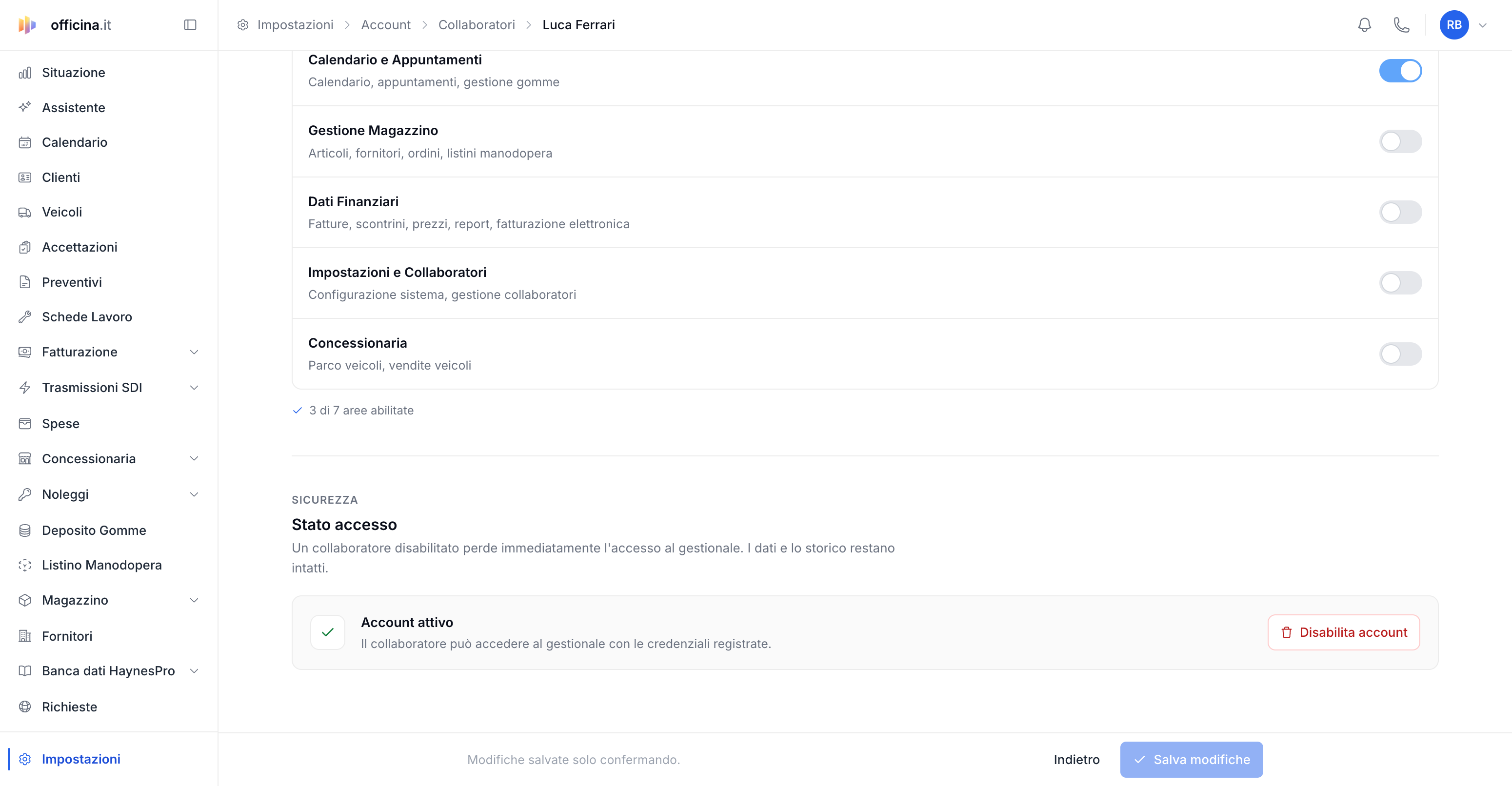 Come revocare l'accesso a un collaboratore — schermata del gestionale officina.it