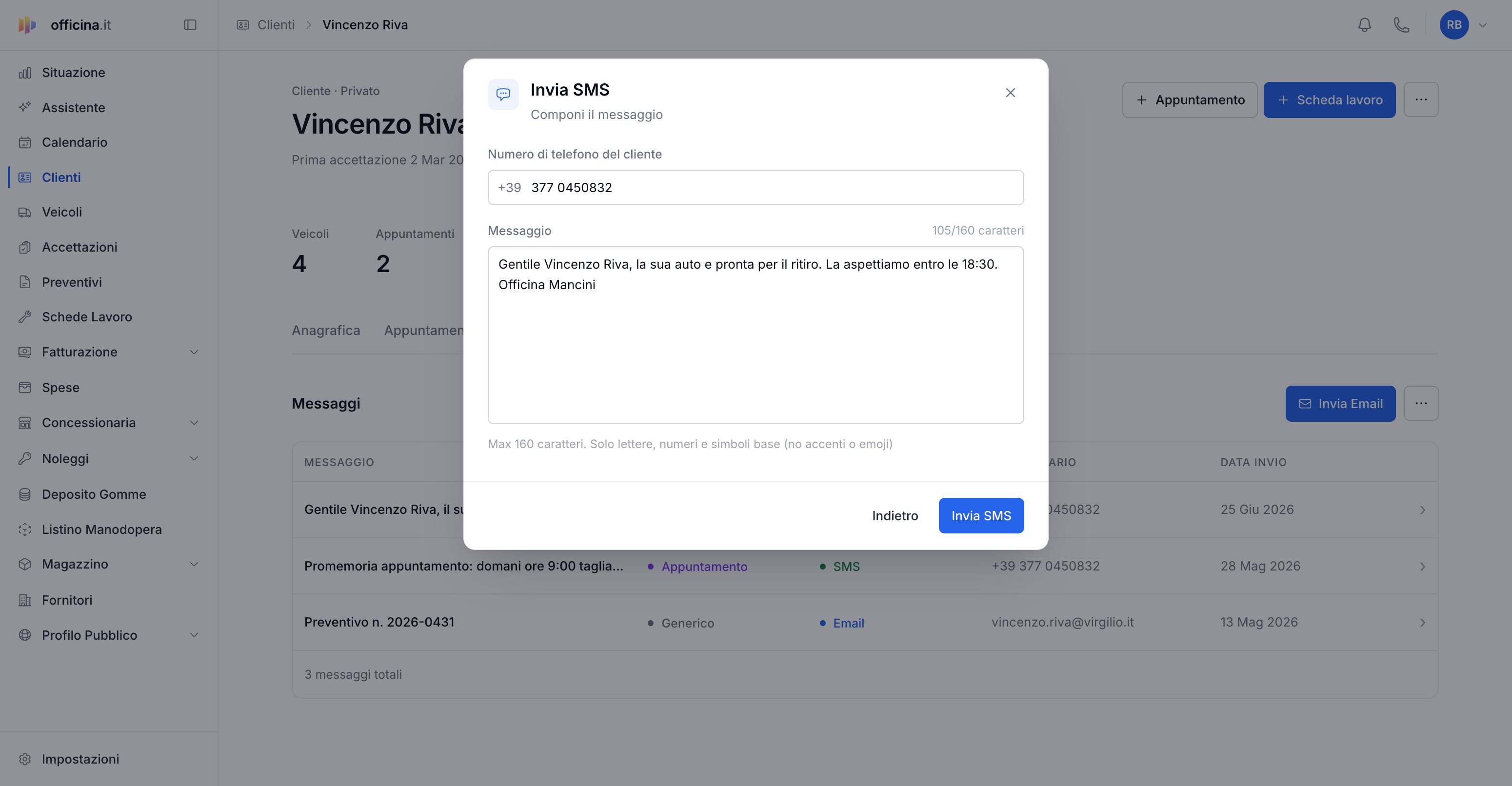 Come inviare email, SMS e WhatsApp ai clienti — schermata del gestionale officina.it