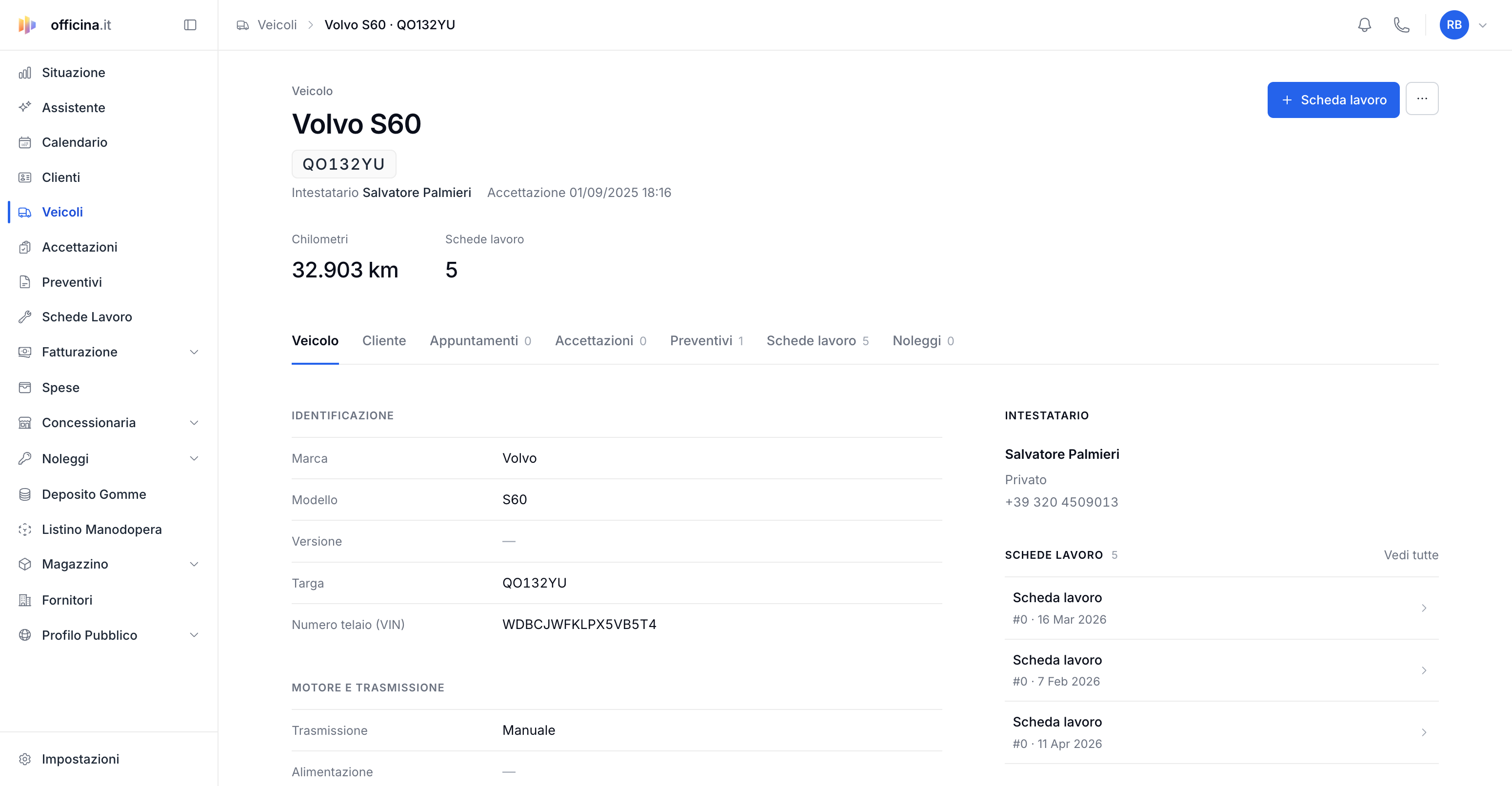 La scheda veicolo: storico interventi, scadenze e documenti — schermata del gestionale officina.it