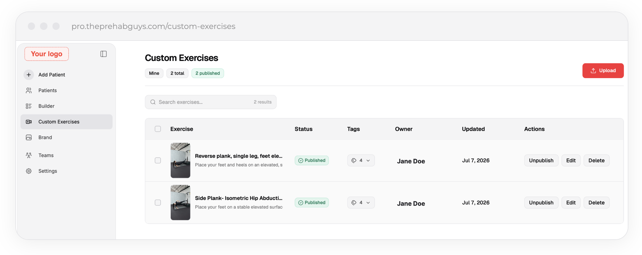 Custom Exercises screen with a practice logo in the sidebar
