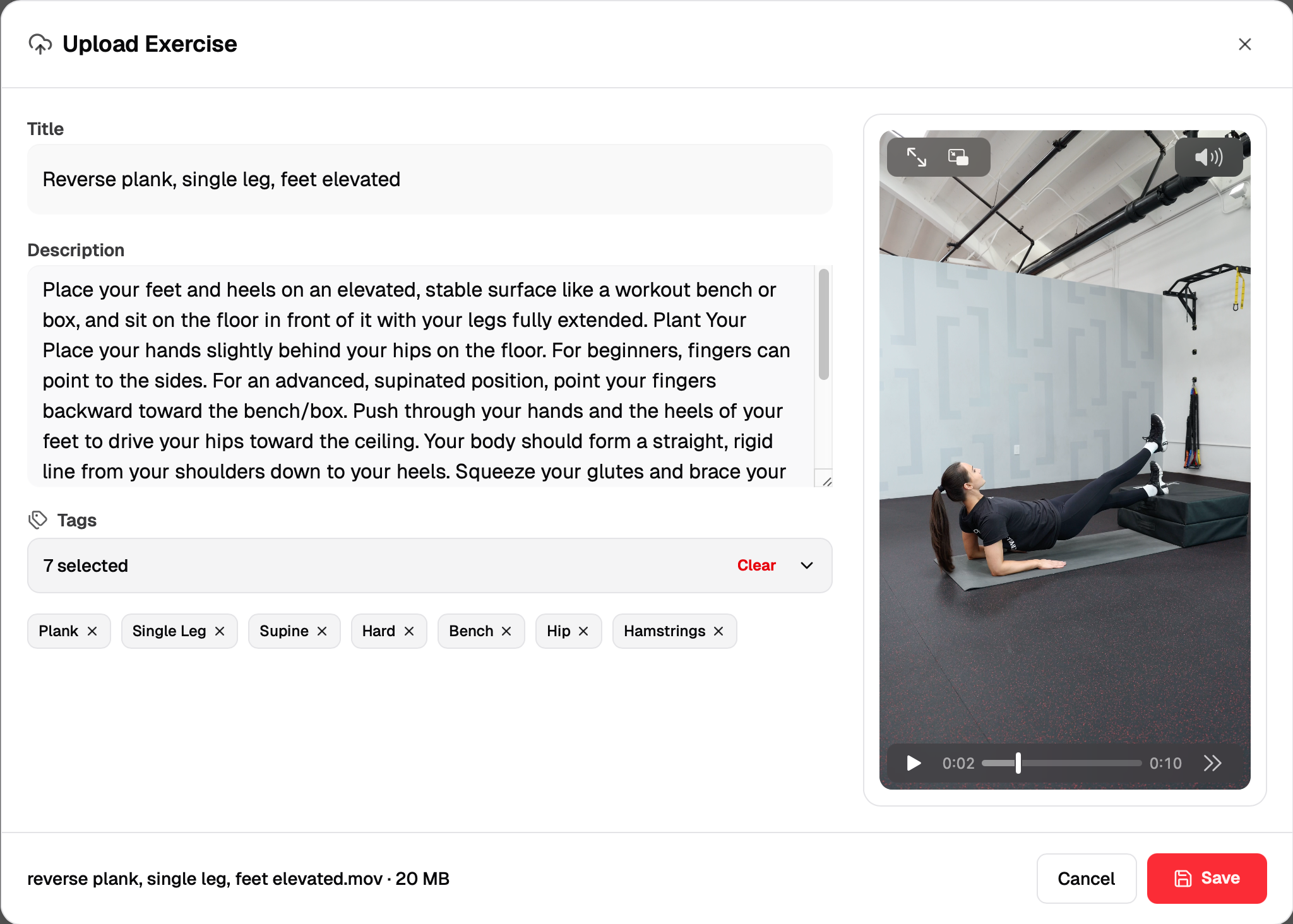 Upload Exercise dialog with title, description, tags, and video preview