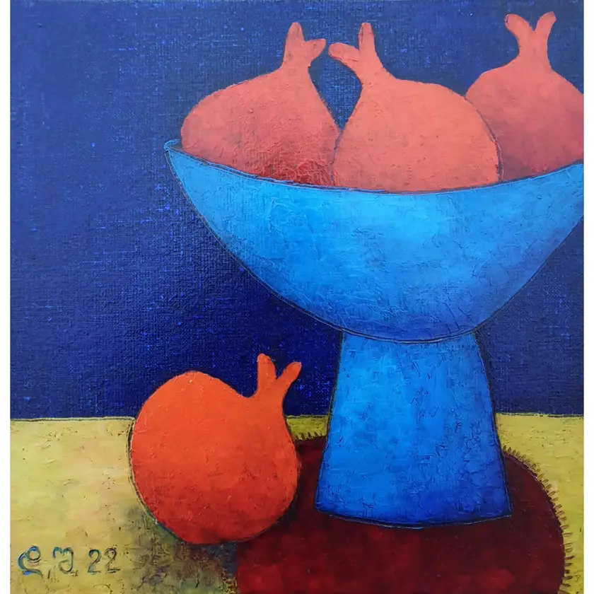 Pomegranates in a blue vase Fine Art Painting David Sharashydze - Subjektiv.art