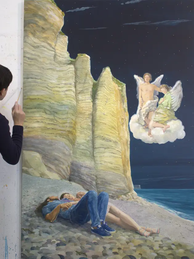 La visite de deux anges à Marie et Joseph pendant une nuit d'été étoilée, bien avant que le temps soit compté. Surrealistic Painting francois page - Subjektiv.art