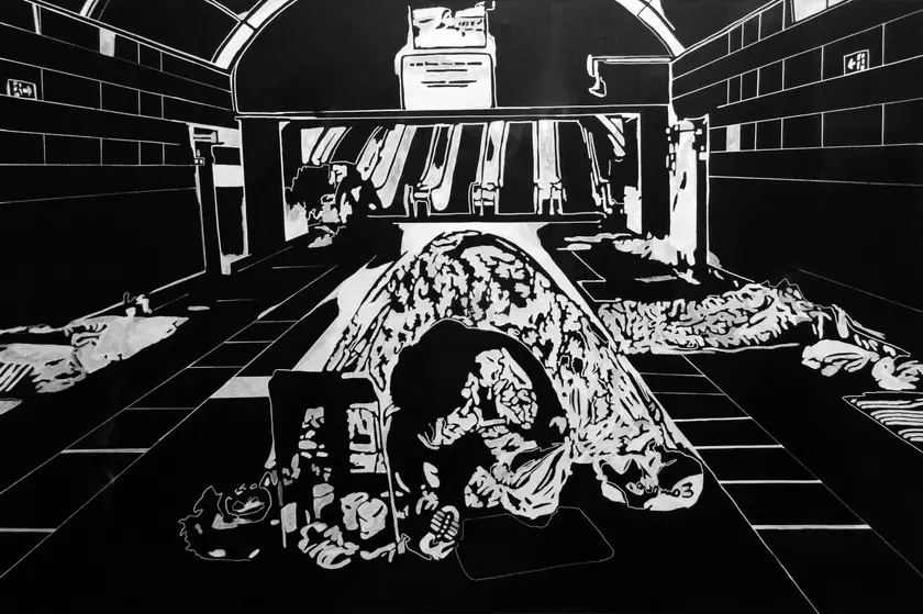 Subway as a shelter Fine Art Painting Vladyslav Riaboshtan - Subjektiv.art