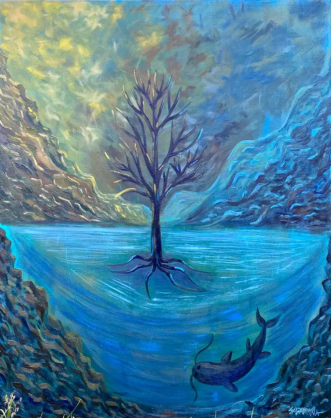 The Keeper and the Tree of Memory Surrealistic Painting Tamara Safarova - Subjektiv.art