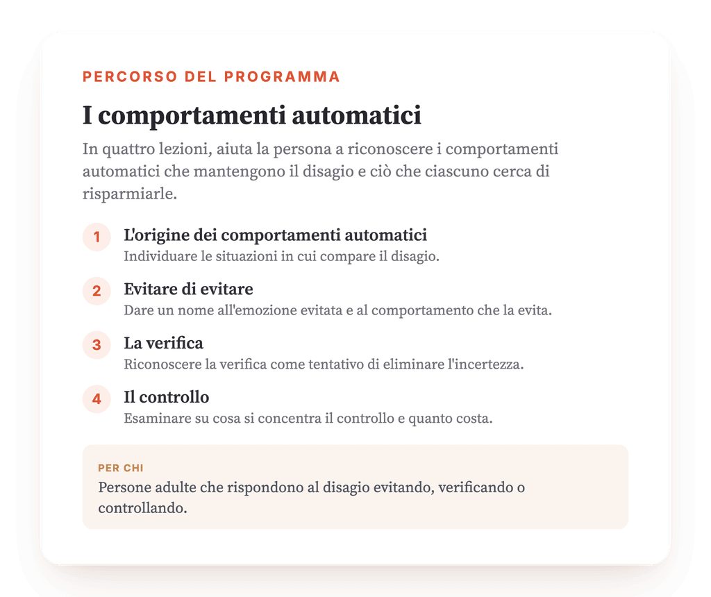 Panoramica del programma · La mappa del programma, lezione dopo lezione.