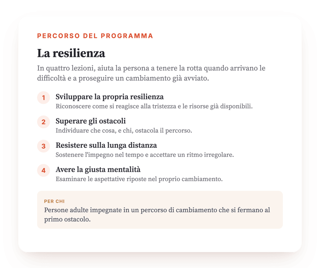 Panoramica del programma · La mappa del programma, lezione dopo lezione.