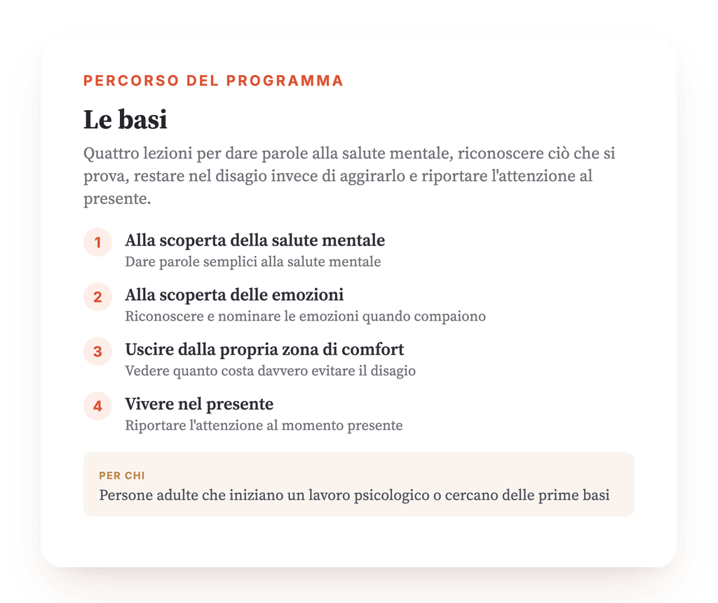 Panoramica del programma · La mappa del programma, lezione dopo lezione