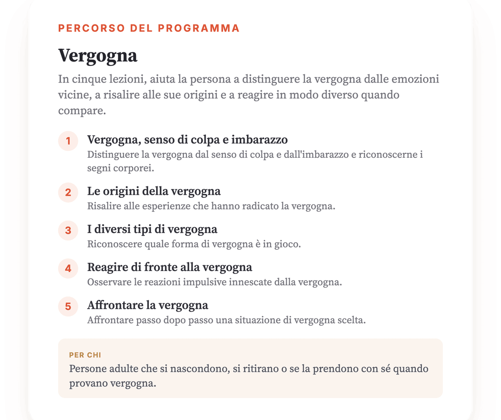 Panoramica del programma · La mappa del programma, lezione dopo lezione.