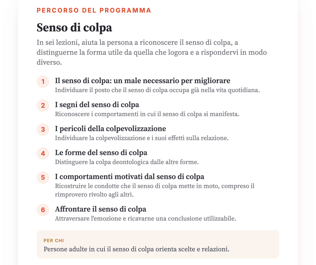 Panoramica del programma · La mappa del programma, lezione per lezione.