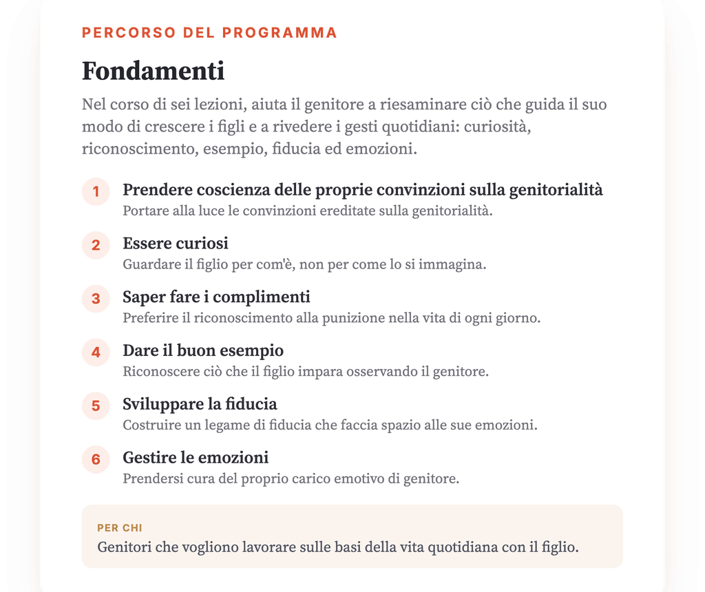 Panoramica del programma · La mappa del programma, lezione dopo lezione.