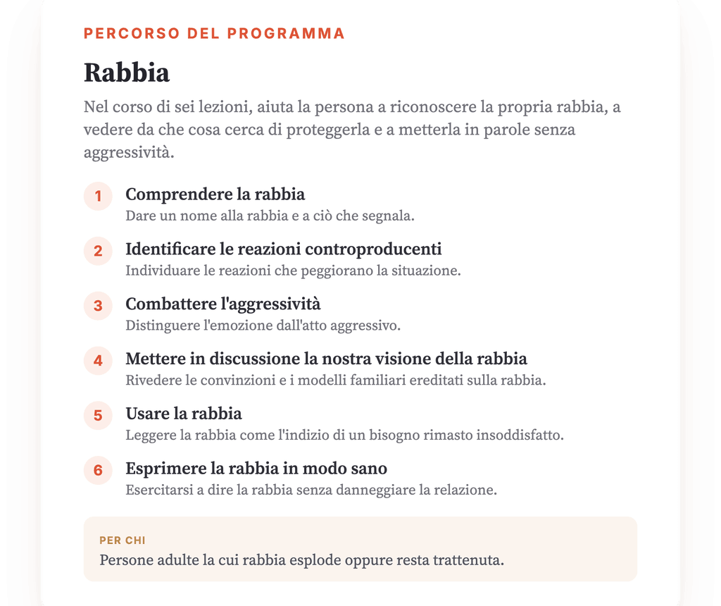 Panoramica del programma · La mappa del programma, lezione dopo lezione.