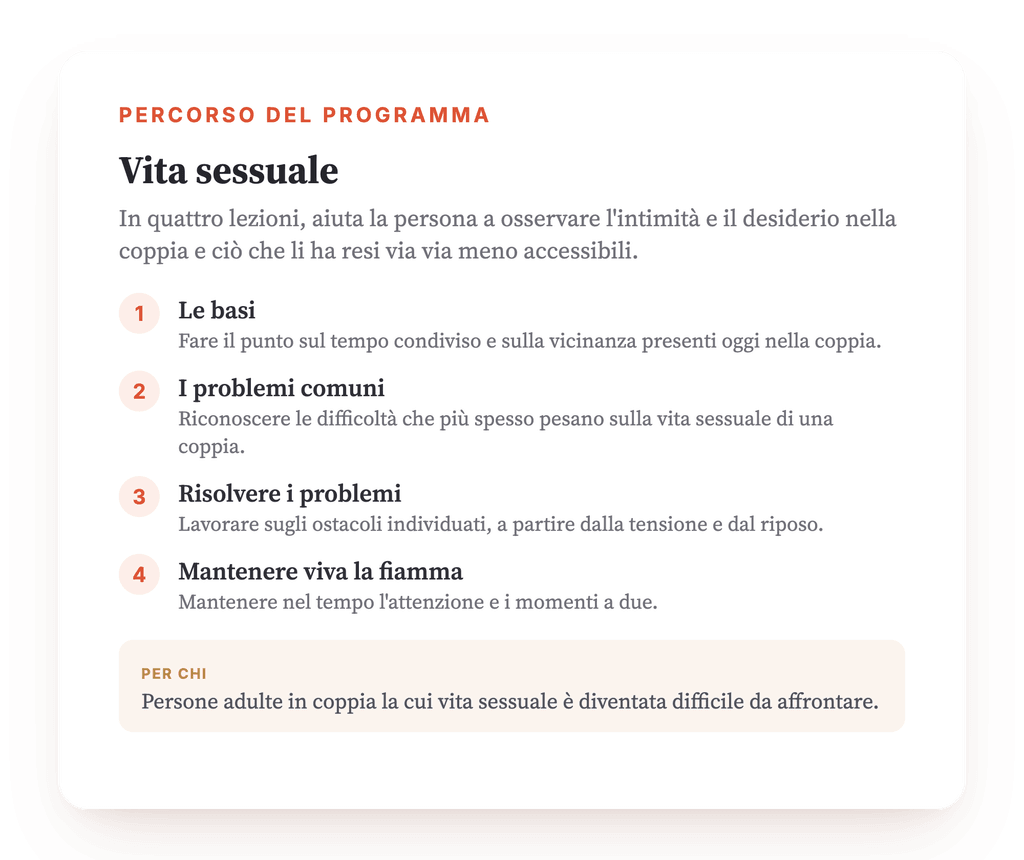 Panoramica del programma · La mappa del programma, lezione dopo lezione.
