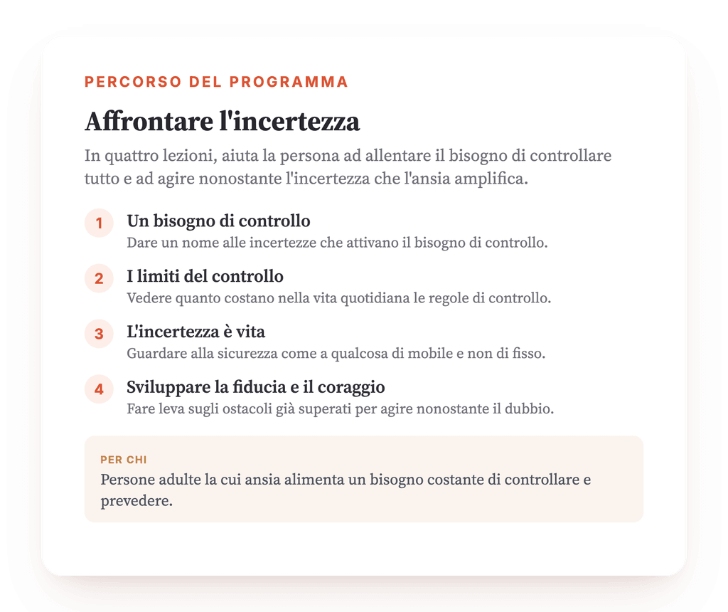 Panoramica del programma · La mappa del programma, lezione per lezione.