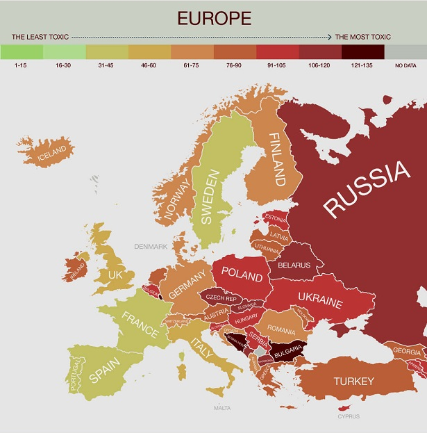 Carte Europe selon degré de toxicité