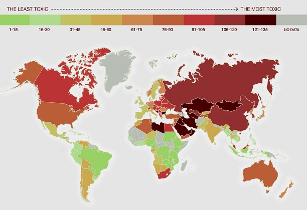 Carte du Monde selon degré de toxicité