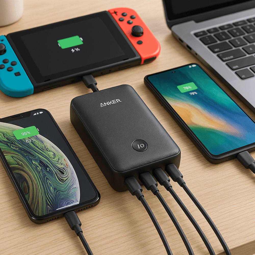 Photo of a person packing an Anker portable charger into a travel bag alongside a tablet and camera for a trip