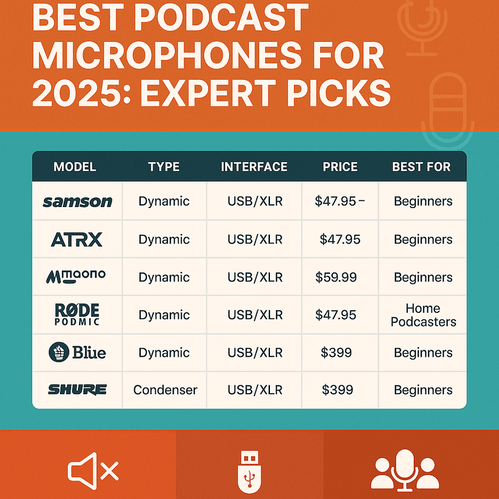 Marketing-style infographic illustrating comparison of podcast microphone types, features, and setup options