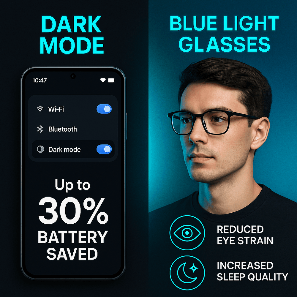 Marketing graphic comparing benefits of dark mode and blue light glasses in terms of battery life, eye comfort, and sleep