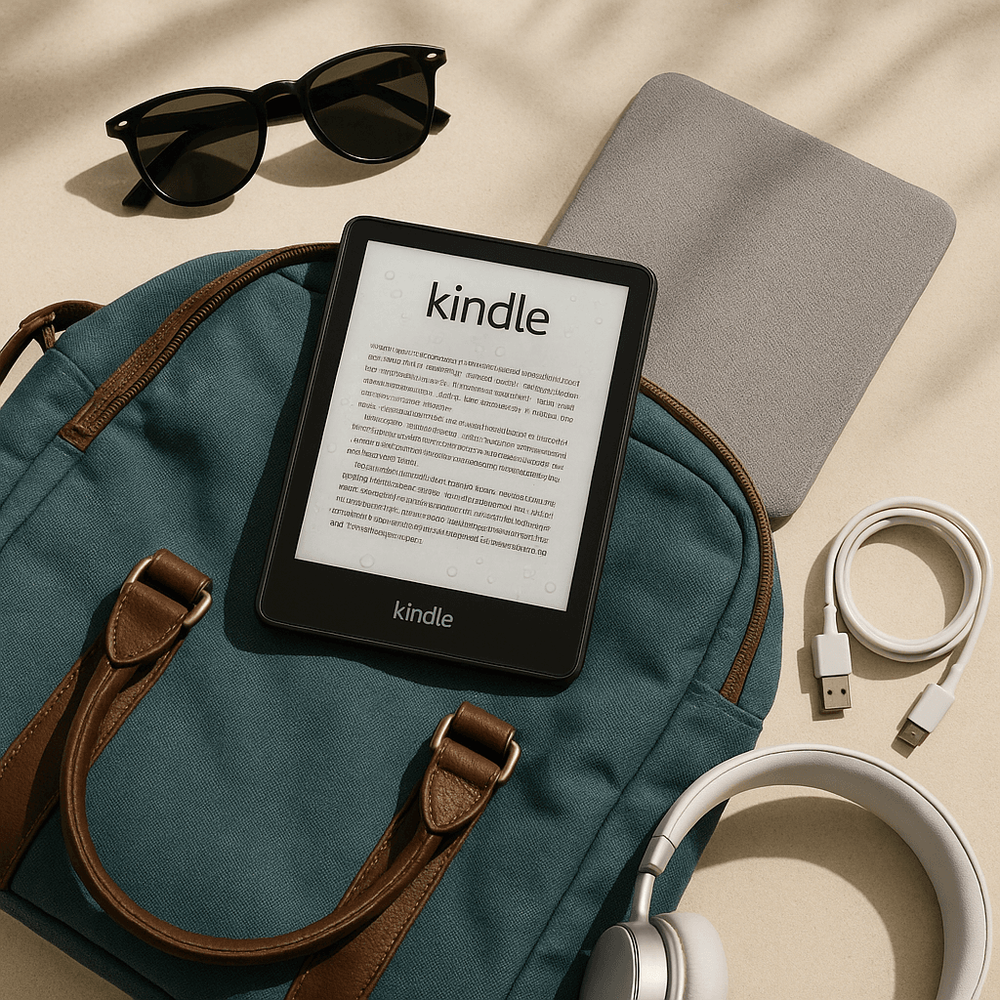 Photo showing person reading on a Kindle Paperwhite while traveling with a cup of coffee on a table, emphasizing portability