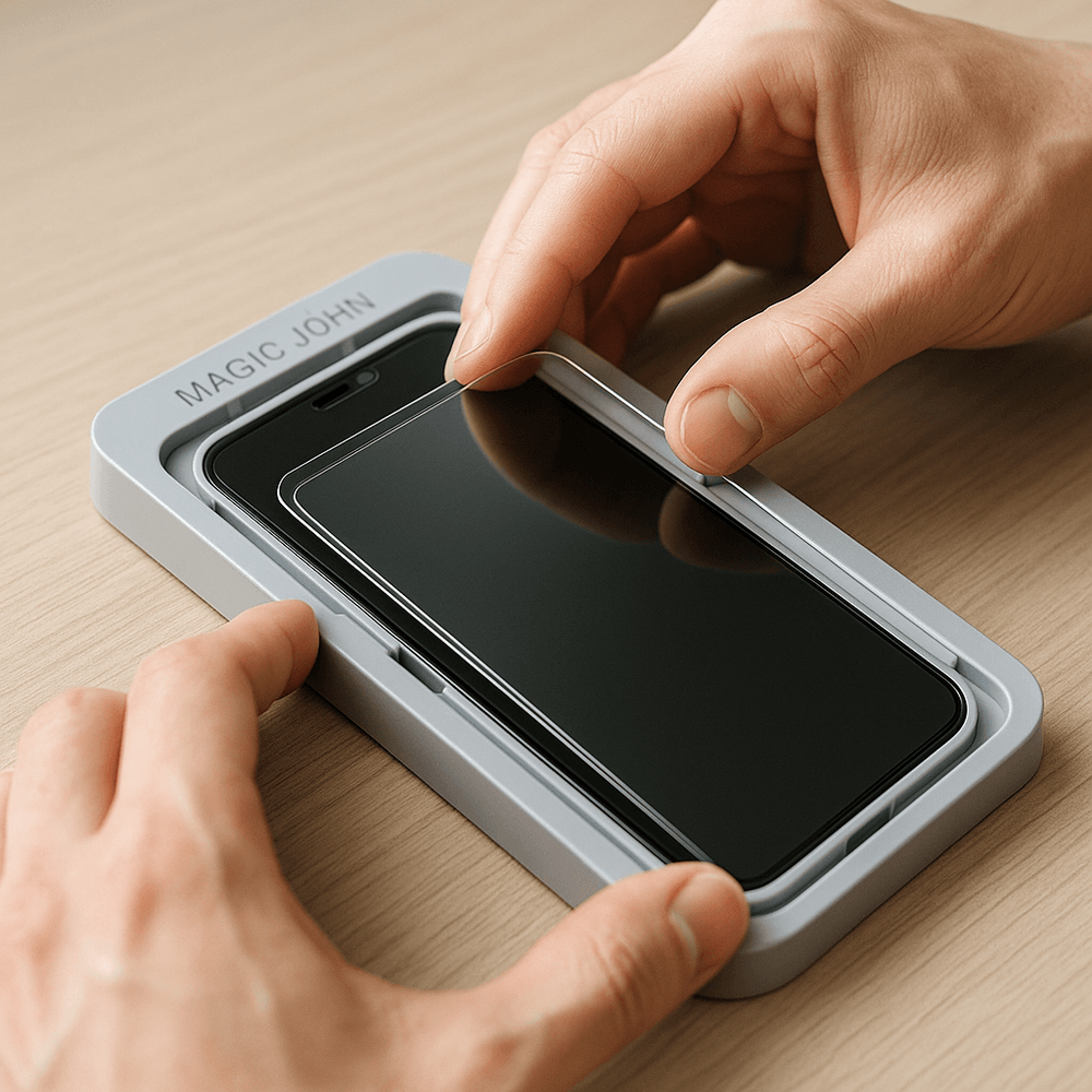 Realistic photo of a person installing a screen protector on a smartphone using an alignment tray, hands visible holding device in a clean, bright workspace