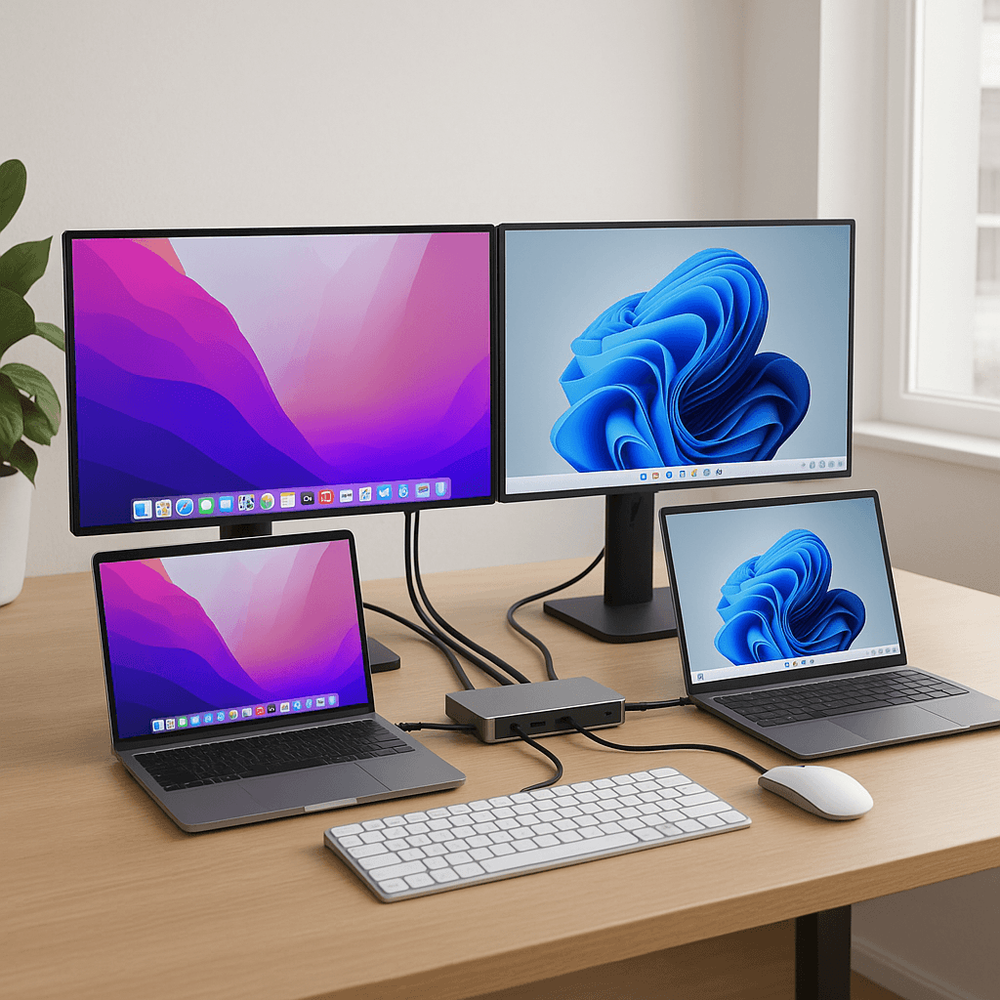 Realistic photo of a modern laptop docking station on a tidy desk connecting to both a MacBook and Windows laptop, with dual monitors and keyboard visible
