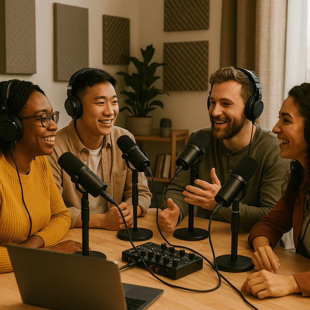 Photo showing two podcasters recording a show with professional microphones and headphones at a home studio desk