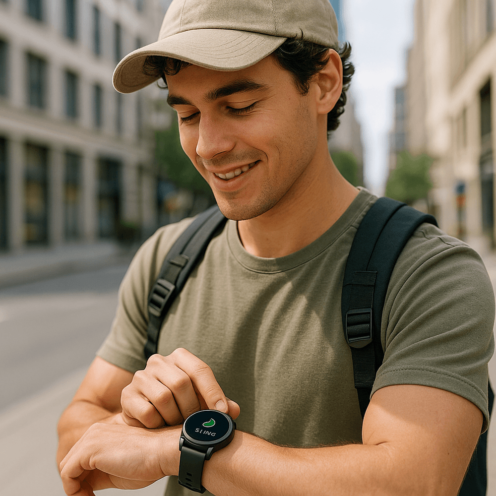 Photo of a young woman checking her smartwatch while outdoors on a trail, with a scenic, sunny background
