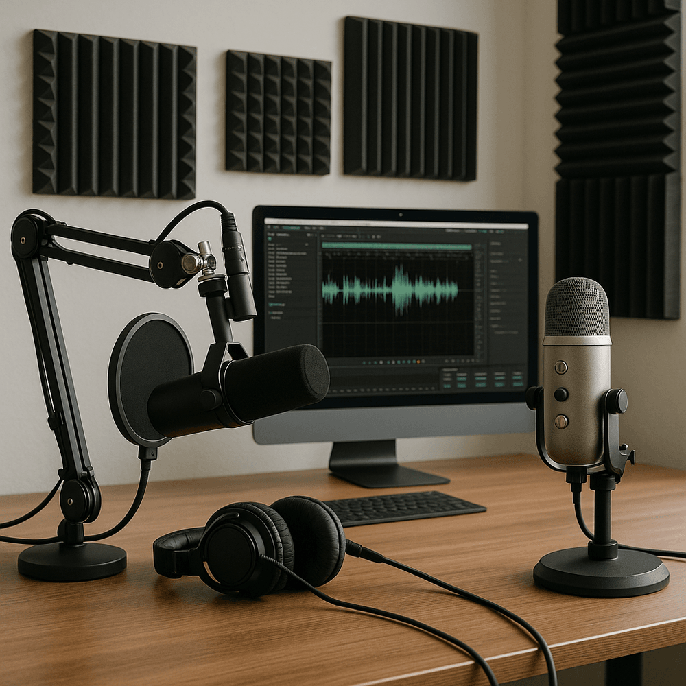Photo of a podcast host in a home studio speaking into a dynamic microphone with a pop filter and headphones on