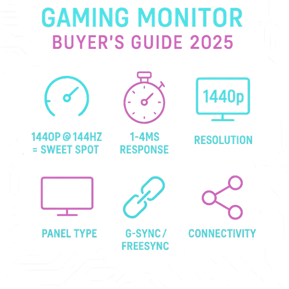 Marketing-style graphic showing key gaming monitor specs: refresh rates, response times, panel types, and device compatibility, with bright competitive design elements.