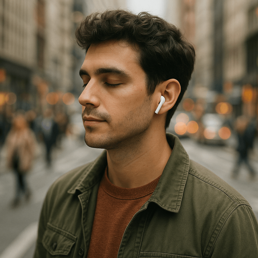 Photo of a young man listening to music with AirPods 4 while standing at a busy urban crosswalk