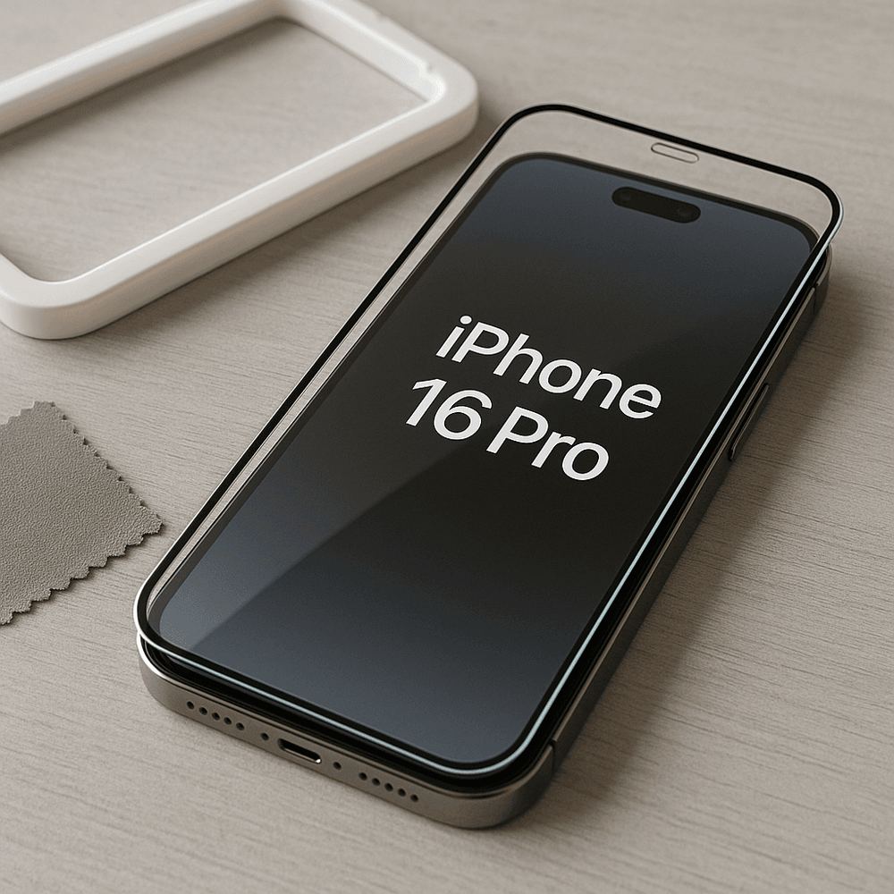 photo of an iPhone 16 Pro with a hand applying a screen protector using an install guide on a well-lit table