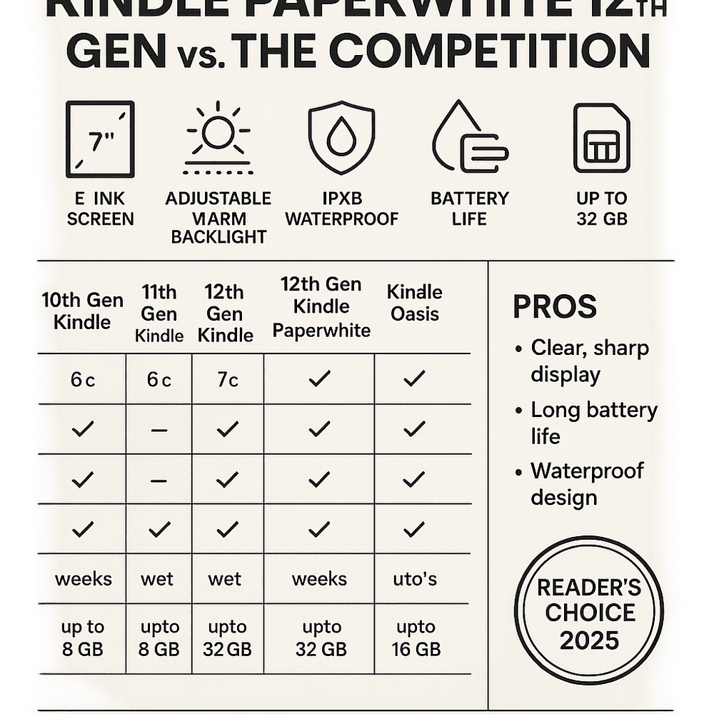 Marketing graphic comparing Kindle Paperwhite features and sales statistics in 2025