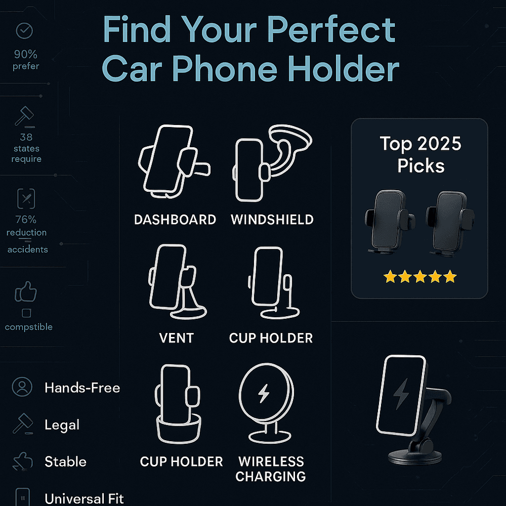 Marketing-style graphic comparing types of car phone mounts with icons and key features