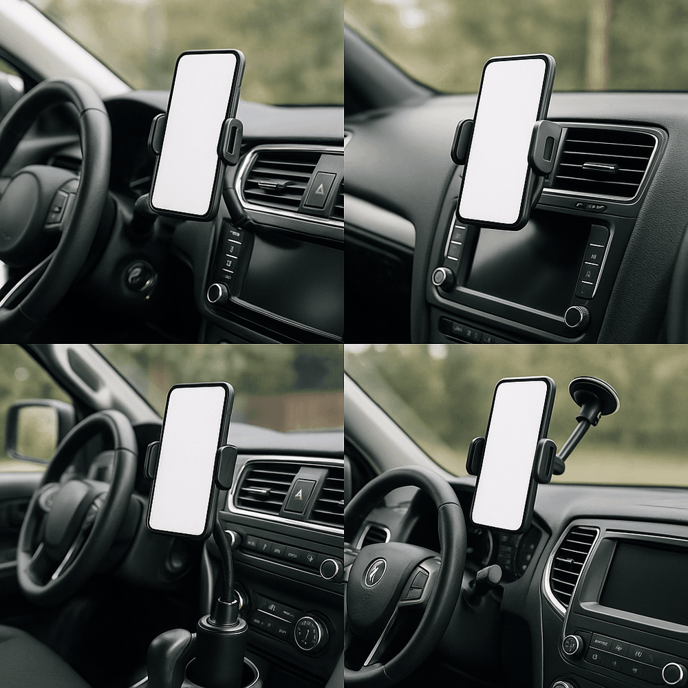 Photo of a driver hand inserting a phone into a vent-mounted car phone holder in a modern car interior