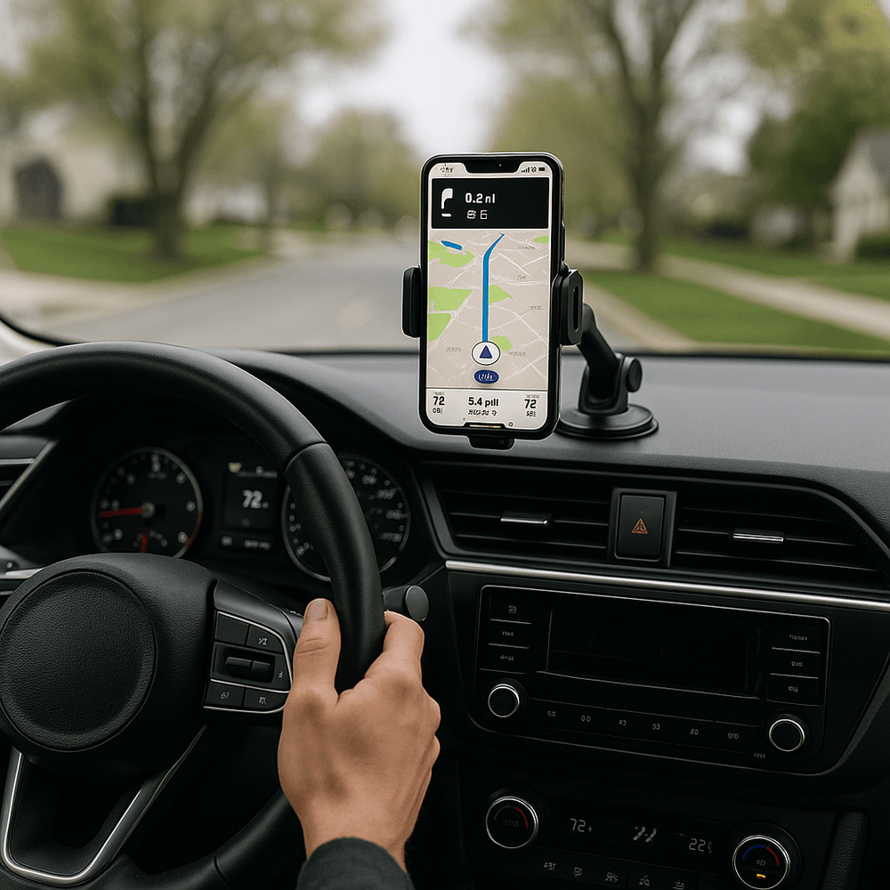 Photo of a driver’s dashboard with a phone held in a dashboard phone mount showing navigation