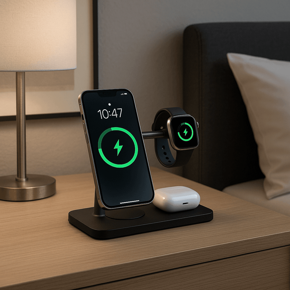 Photo of a modern nightstand with a 3-in-1 wireless charger holding an iPhone, Apple Watch, and AirPods neatly organized