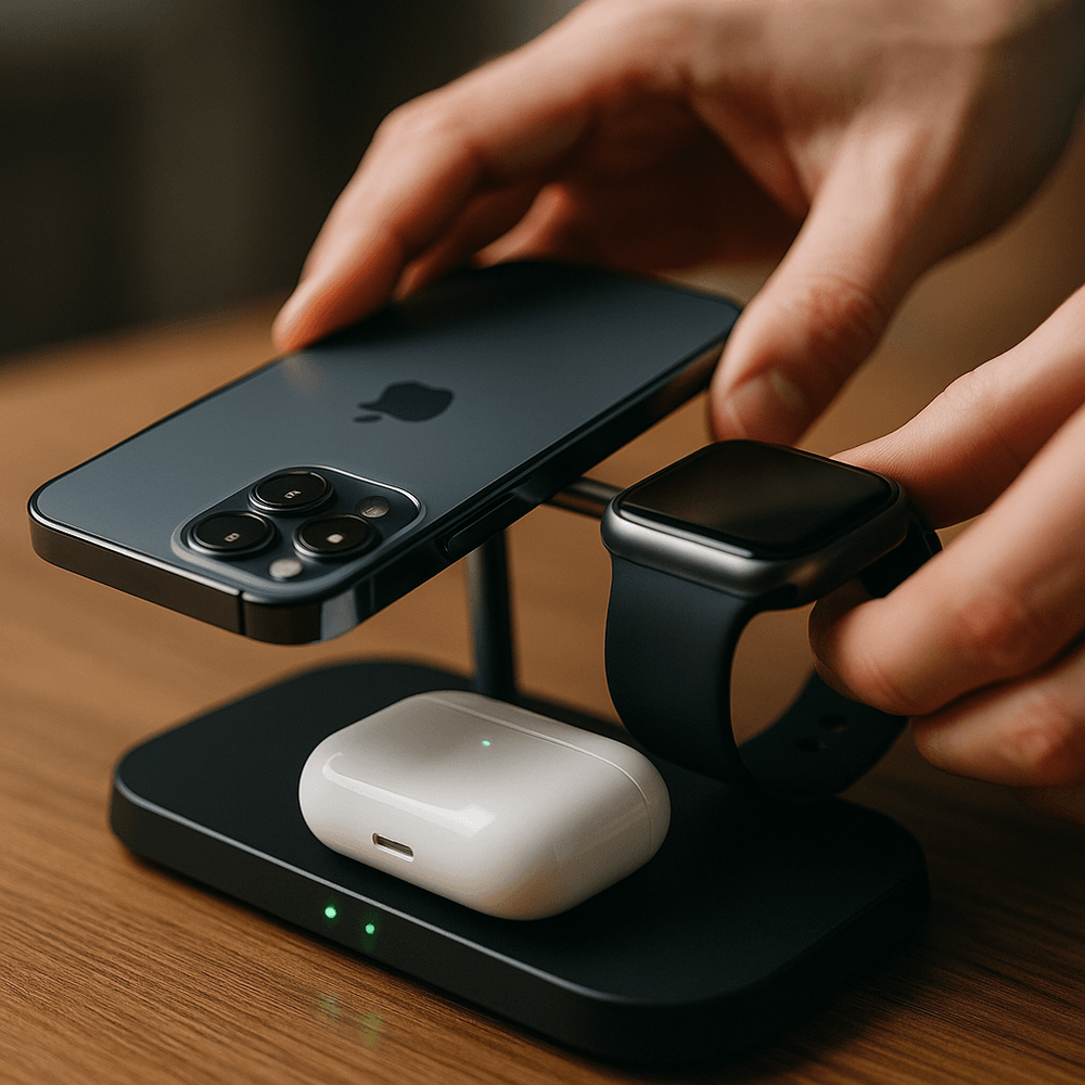 Photo of a person setting up a 3-in-1 Apple charging station on a white desk, plugging in a USB-C cable, with iPhone, Watch, and AirPods nearby